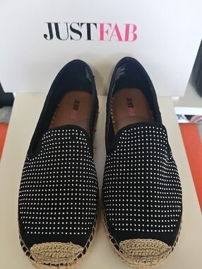 JustFab Black Studded Espadrille Slip-Ons with Natural Jute Trim